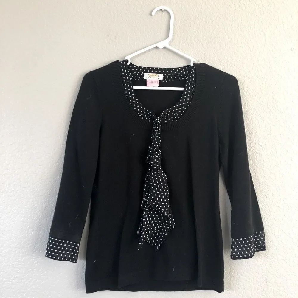 Talbots Silk Cotton Black Polka Dot Scarf Sweater Top PS